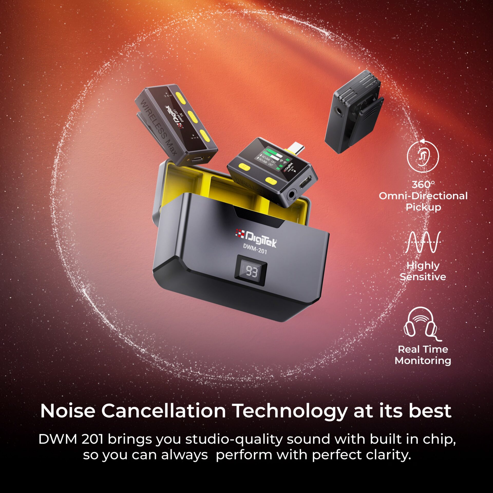 Digitek DWM-201 Wireless Microphone System with Remote & Noise Cancellation, 12 Sound Effects, 3 Voice Modes, 50m Range, Use with iPhone/Android & DSLR Camera for Vlogs, Interview & Podcasts - Image 4