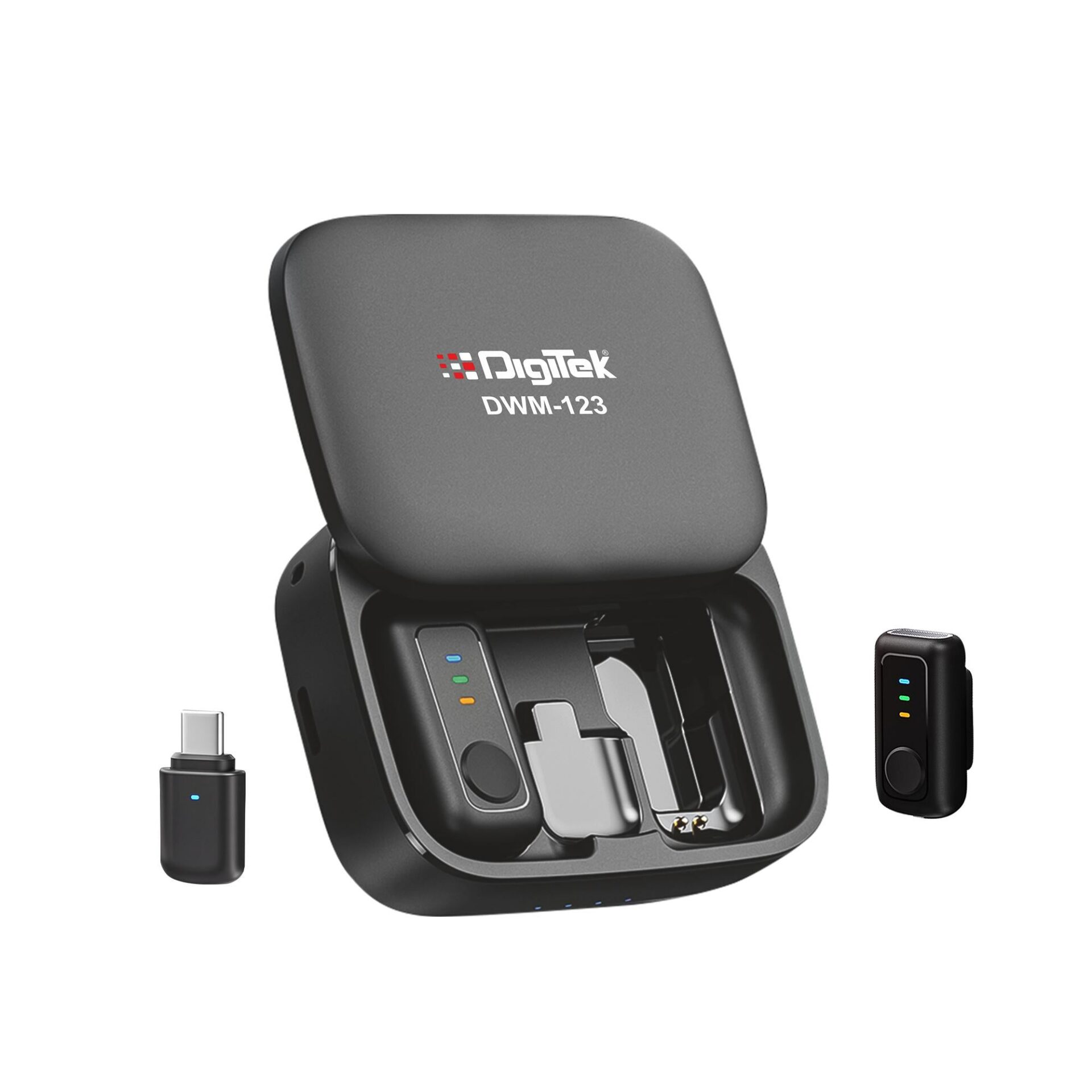 Digitek (DWM 123) 2-in-1 Wireless Microphone System with Charging Case & Magnetic Collar Clip, Type-C Receiver for iPhone 15 & Above, Android Phones, 60m Range, Build in Microphone, For Creators and Vloggers (Black)