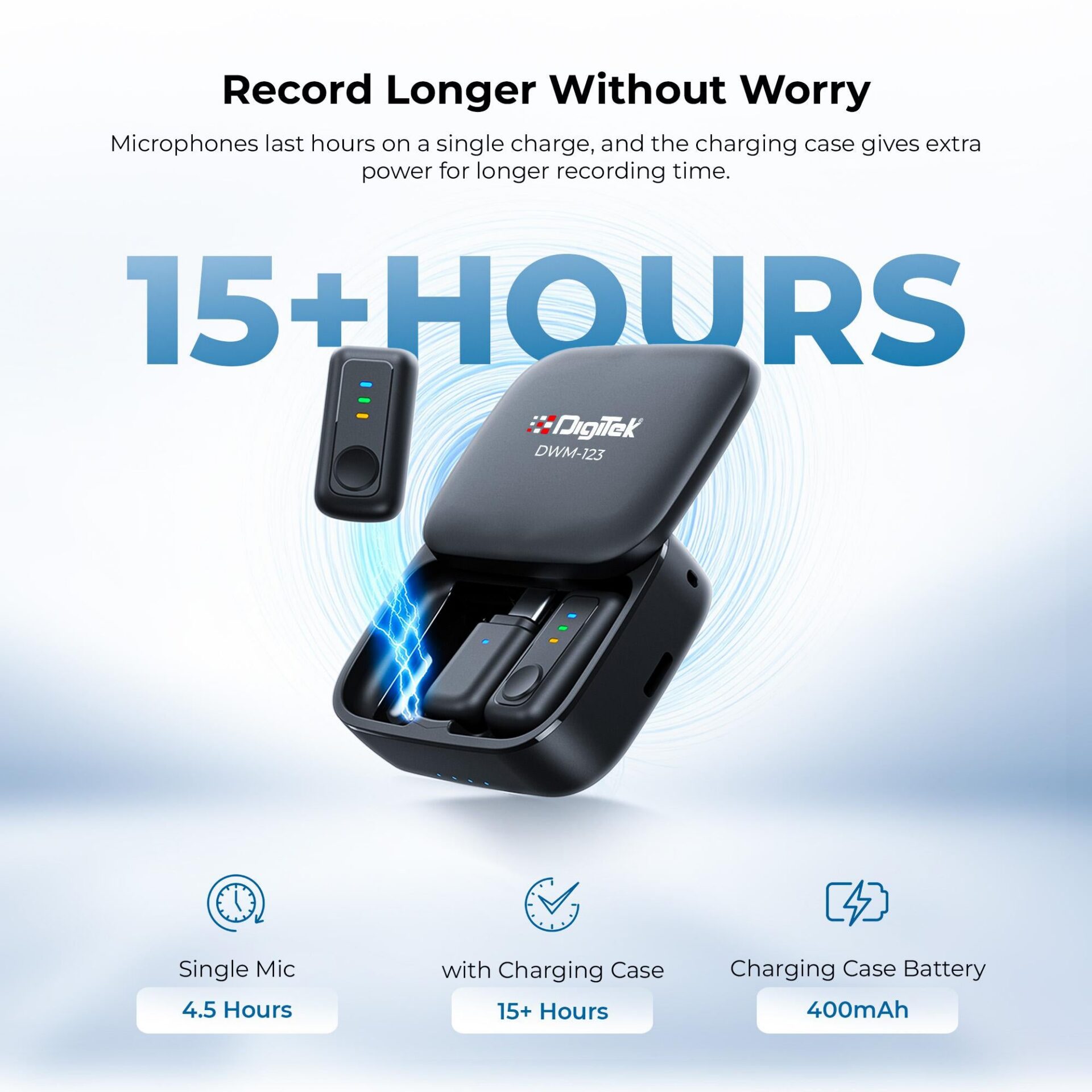 Digitek (DWM 123) 2-in-1 Wireless Microphone System with Charging Case & Magnetic Collar Clip, Type-C Receiver for iPhone 15 & Above, Android Phones, 60m Range, Build in Microphone, For Creators and Vloggers (Black) - Image 5