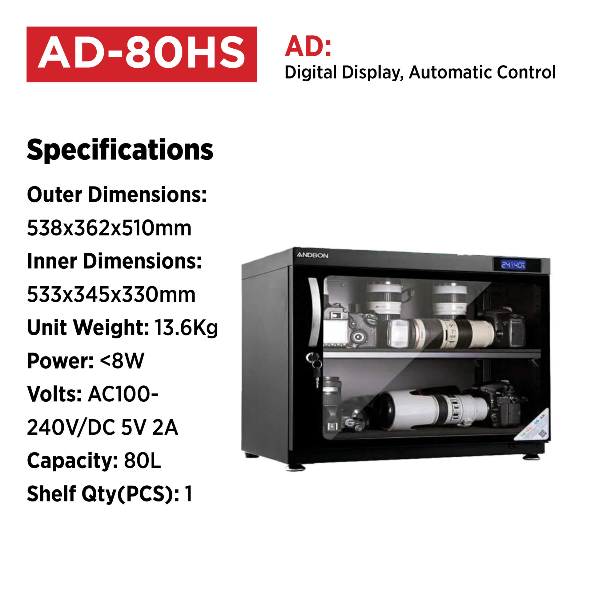 Andbon AD-80HS 80L Wide Auto-Dehumidifier Digital Dry Cabinet - Image 2