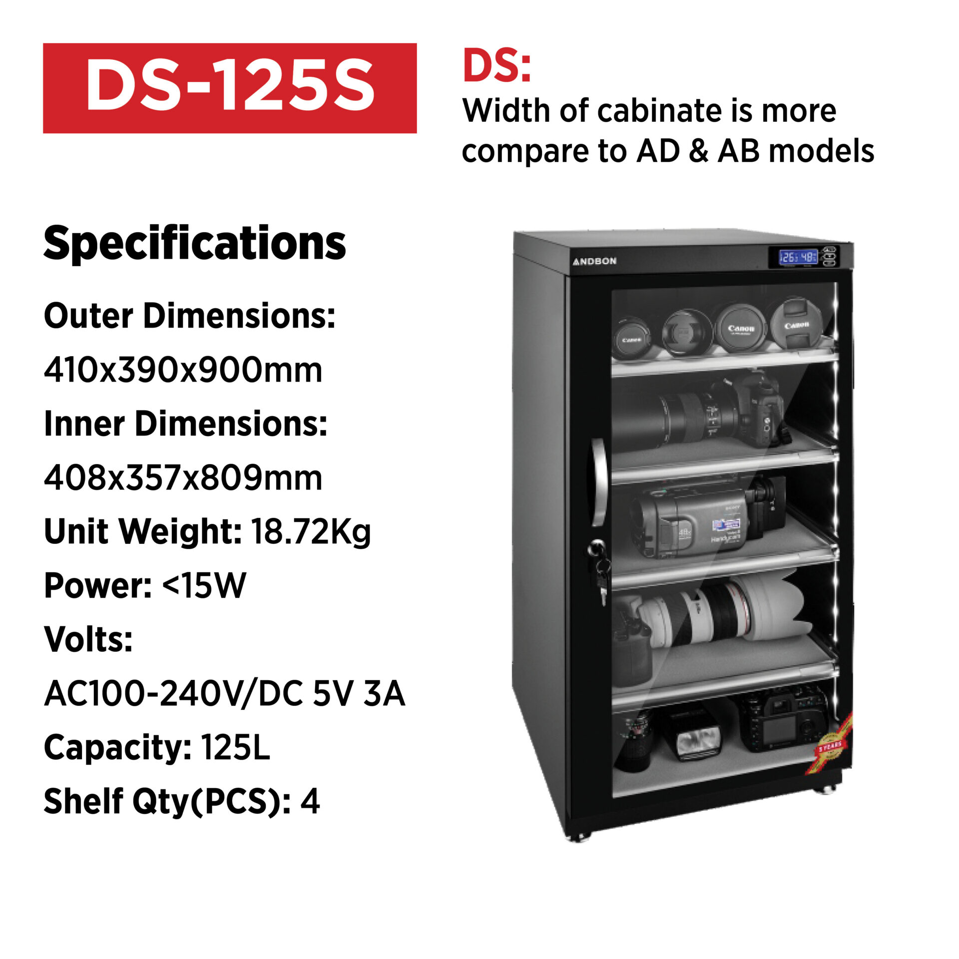 Andbon DS-125S Dry Cabinet and Dehumidifier 125 Ltr - Image 2